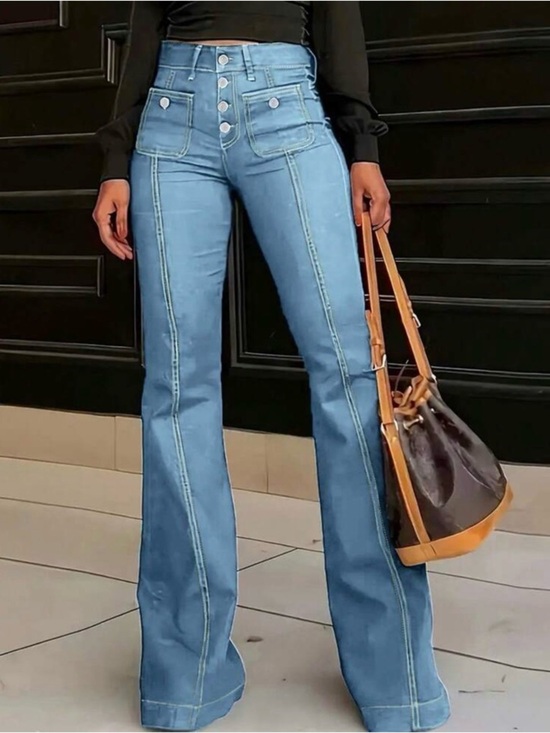 unbranded Denim - High-Rise Light Blue Flare Jeans with Double Front Pockets